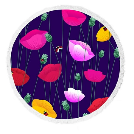 ABPHQTO Floral Colorful Poppy Flowers Ladybugs Beach Towel Beach Blanket with Tassels Beach Throw Towel Yoga Mat Picnic Blanket