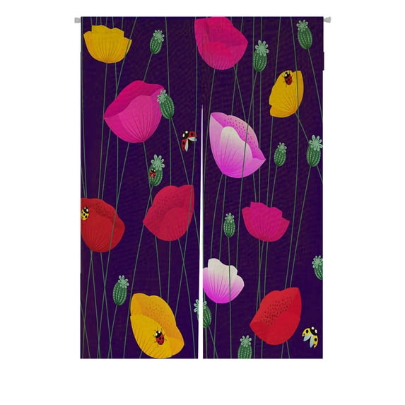 ABPHQTO Floral Colorful Poppy Flowers Ladybugs Japanese Noren Curtain Doorway Door Window Treatment Curtains Cotton Linen Curtain 85x120 cm