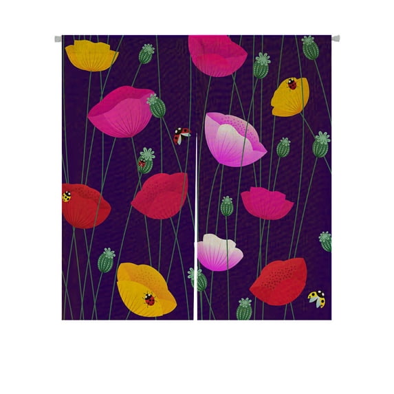 ABPHQTO Floral Colorful Poppy Flowers Ladybugs Japanese Noren Curtain Doorway Door Window Treatment Curtains Cotton Linen Curtain 85x90 cm