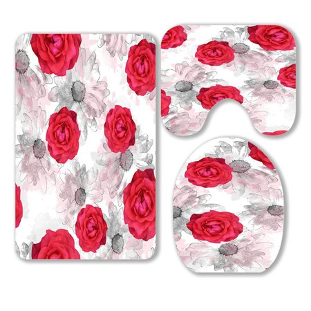 ABPHQTO Floral Grunge Flowers 3 Piece Bathroom Rugs Set Bath Rug Contour Mat and Toilet Lid Cover