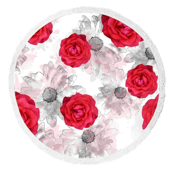 ABPHQTO Floral Grunge Flowers Round Beach Blanket with Tassels Beach Throw Towel Yoga Mat Picnic Blanket