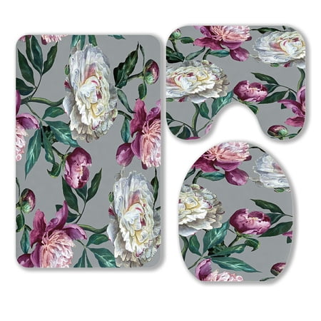 ABPHQTO Floral Peonies Are White And Purple On A Silver 3 Piece Bathroom Rugs Set Bath Rug Contour Mat and Toilet Lid Cover