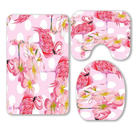 ABPHQTO Floral Pink Flamingos Tropical Flowers Polka Dot 3 Piece Bathroom Rugs Set Bath Rug Contour Mat and Toilet Lid Cover