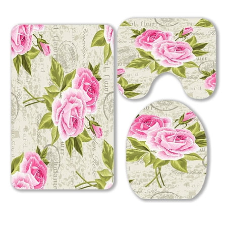 ABPHQTO Floral Pink Roses 3 Piece Bathroom Rugs Set Bath Rug Contour Mat and Toilet Lid Cover