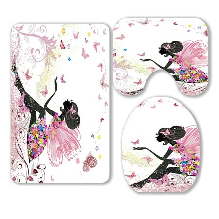 ABPHQTO Flower Fairy Butterflies 3 Piece Bathroom Rugs Set Bath Rug Contour Mat and Toilet Lid Cover