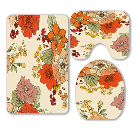 ABPHQTO Flower Floral Texture 3 Piece Bathroom Rugs Set Bath Rug Contour Mat and Toilet Lid Cover