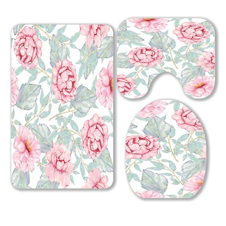 ABPHQTO Flower Pink Peony Leaves Floral 3 Piece Bathroom Rugs Set Bath Rug Contour Mat and Toilet Lid Cover