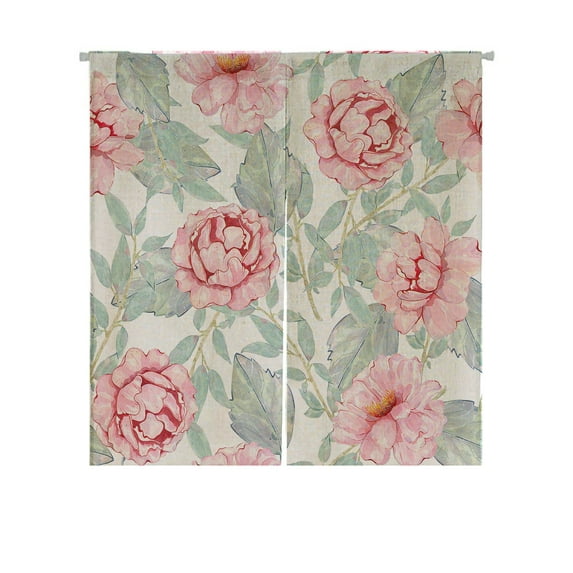 ABPHQTO Flower Pink Peony Leaves Floral Japanese Noren Curtain Doorway Door Window Treatment Curtains Cotton Linen Curtain 85x90 cm