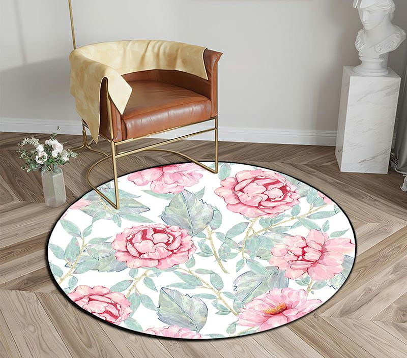 ABPHQTO Flower Pink Peony Leaves Floral Round Area Rugs Diameter 4 x ...