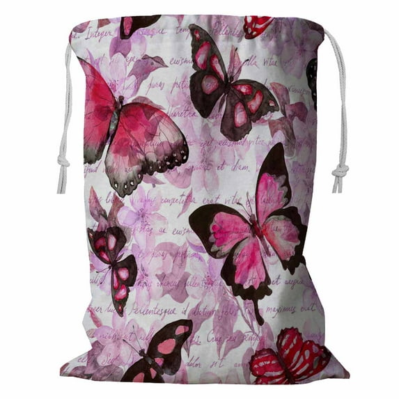 ABPHQTO Flowers Butterflies Hand Written Text Note Storage Basket Laundry Bag with Drawstring 24x32 Inch