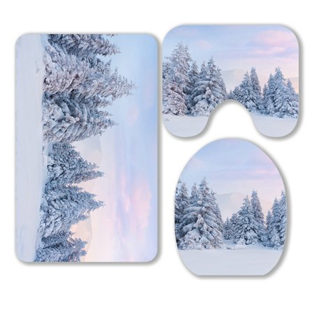 ABPHQTO Foggy Winter Landscape In The Mountains Sunrise 3 Piece Bathroom Rugs Set Bath Rug Contour Mat and Toilet Lid Cover