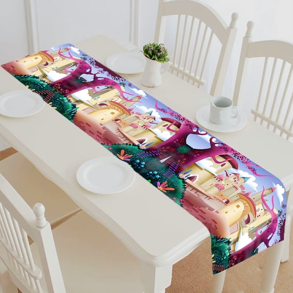 ABPHQTO Forest Castle Cartoon Artwork Scene Table Runner Placemat Tablecloth For Home Decor 14x72 Inch