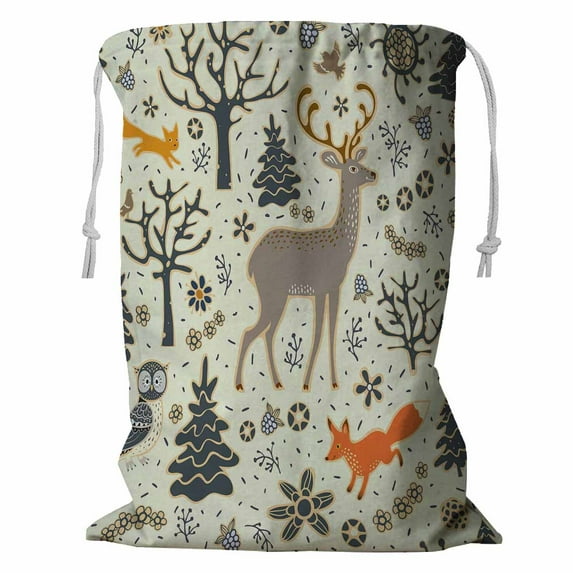 ABPHQTO Forest Owl Deer Fox Squirrel Birds Trees Flowers Storage Basket Laundry Bag with Drawstring 18x24 Inch