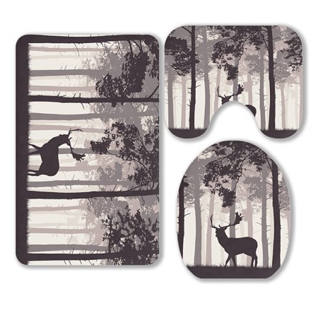 ABPHQTO Forest Retro Coniferous Fallow Deer 3 Piece Bathroom Rugs Set Bath Rug Contour Mat and Toilet Lid Cover