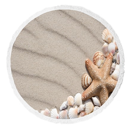 ABPHQTO Frame With Many Different Seashells Round Beach Blanket with Tassels Beach Throw Towel Yoga Mat Picnic Blanket