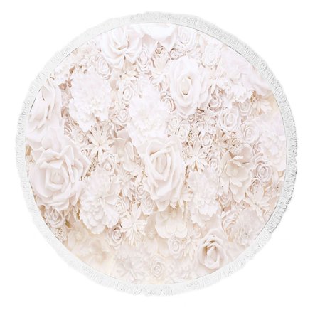 ABPHQTO Full Of White Roses Round Beach Blanket with Tassels Beach Throw Towel Yoga Mat Picnic Blanket