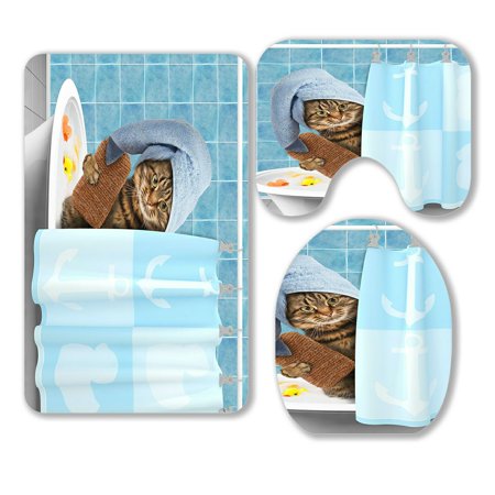 ABPHQTO Funny Cat Taking Bath 3 Piece Bathroom Rugs Set Bath Rug Contour Mat and Toilet Lid Cover