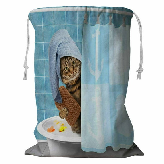 ABPHQTO Funny Cat Taking Bath Storage Basket Laundry Bag with Drawstring 18x24 Inch