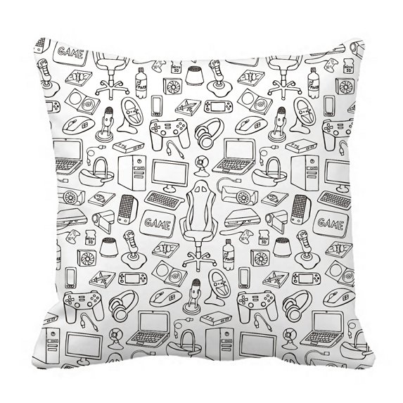 ABPHQTO Gamer Doodle White Gadgets Pillow Case Pillow Cover Pillow Protector Two Sides For Couch Bed 16x16 Inch