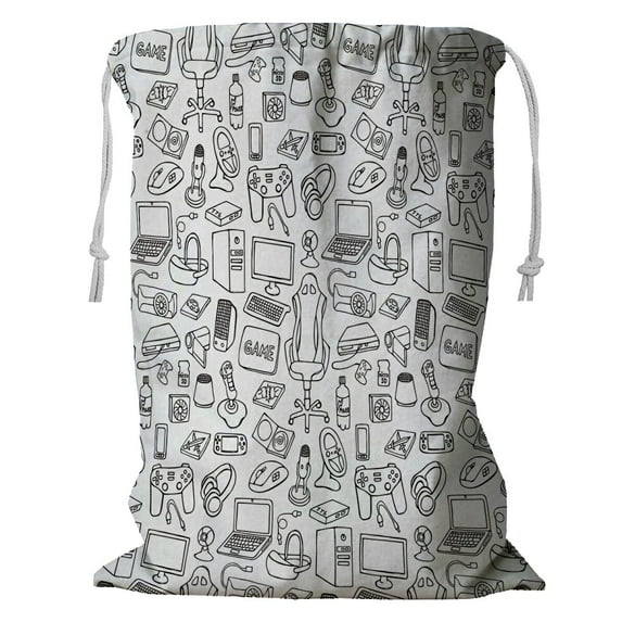 ABPHQTO Gamer Doodle White Gadgets Storage Basket Laundry Bag with Drawstring 18x24 Inch