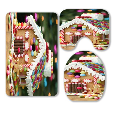 ABPHQTO Gingerbread House 3 Piece Bathroom Rugs Set Bath Rug Contour Mat and Toilet Lid Cover
