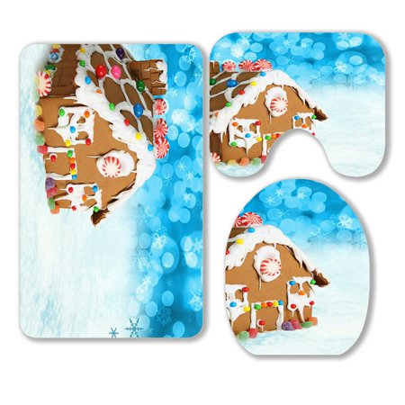 ABPHQTO Gingerbread House On A Festive Christmas Snow 3 Piece Bathroom Rugs Set Bath Rug Contour Mat and Toilet Lid Cover