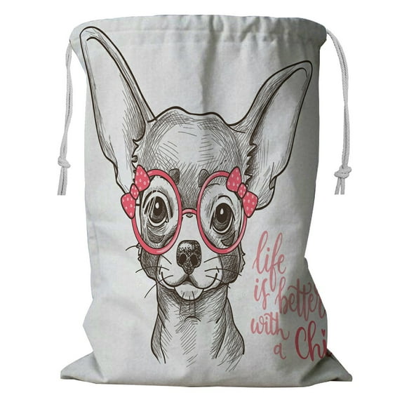 ABPHQTO Girl Chihuahua Cute Fashionable Dog Sketch Storage Basket Laundry Bag with Drawstring 18x24 Inch