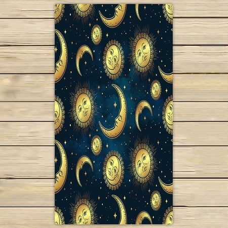 ABPHQTO Gold Celestial Bodies Moon Sun Stars Blue Night Sky Towels Beach Bath Pool Sprot Travel Hand Spa Towel 30x56 Inch
