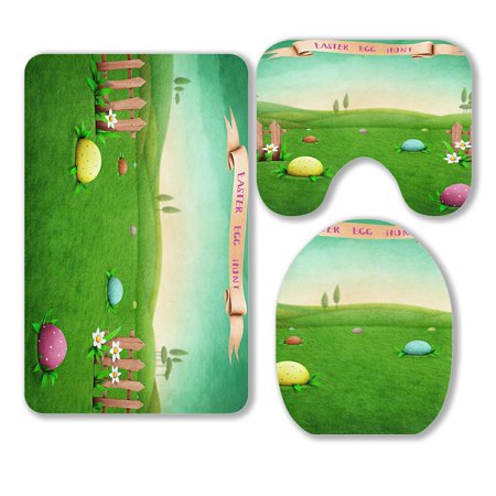 ABPHQTO Green Rustic Landscape Easter Eggs 3 Piece Bathroom Rugs Set Bath Rug Contour Mat and Toilet Lid Cover