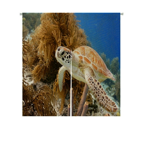 ABPHQTO Green Sea Turtle Swimming Tropical Coral Reef Bonaire Japanese Noren Curtain Doorway Door Window Treatment Curtains Cotton Linen Curtain 85x150 cm