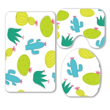 ABPHQTO Green Turquoise Mint Cactus 3 Piece Bathroom Rugs Set Bath Rug Contour Mat and Toilet Lid Cover