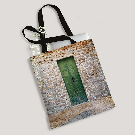 ABPHQTO Green Wooden Door On Brick Wall Canvas Bag Reusable Tote Grocery Shopping Bags Tote Bag 14x16 inch