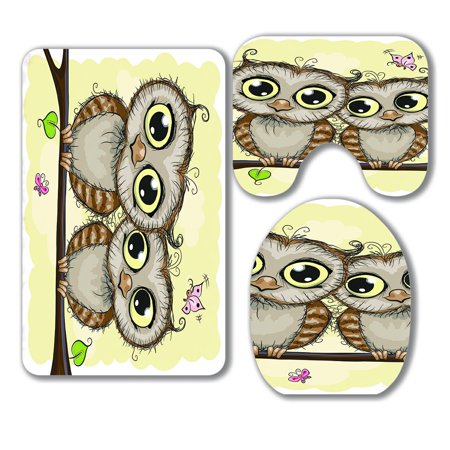 ABPHQTO Greeting Card With Two Cute Cartoon Owls 3 Piece Bathroom Rugs Set Bath Rug Contour Mat and Toilet Lid Cover