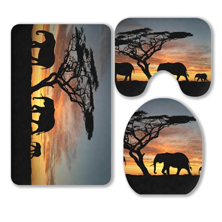 ABPHQTO Group Elephant Africa 3 Piece Bathroom Rugs Set Bath Rug Contour Mat and Toilet Lid Cover