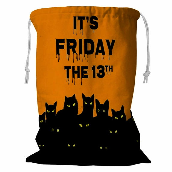 ABPHQTO Halloween Black Cats Friday 13 Storage Basket Laundry Bag with Drawstring 18x24 Inch