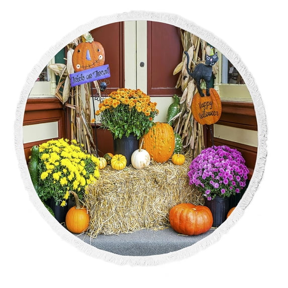 ABPHQTO Halloween Pumkin Flowers Beach Towel Beach Blanket with Tassels Beach Throw Towel Yoga Mat Picnic Blanket