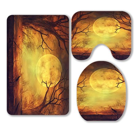 ABPHQTO Halloween Spooky Forest Full Moon Wooden Table 3 Piece Bathroom Rugs Set Bath Rug Contour Mat and Toilet Lid Cover