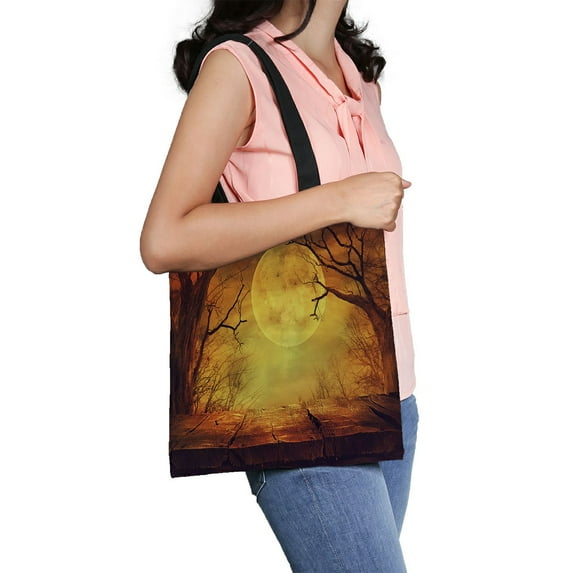 ABPHQTO Halloween Spooky Forest Full Moon Wooden Table Canvas Bag Reusable Tote Grocery Shopping Bags Tote Bag 14x16 inch