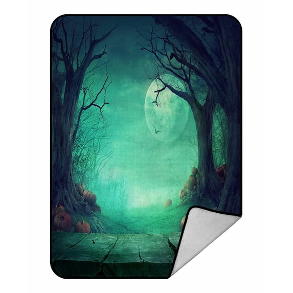 ABPHQTO Halloween Spooky Forest Trees Pumpkins Wooden Table Fleece Blanket Fleece Back Throw Blanket 58x80 Inch