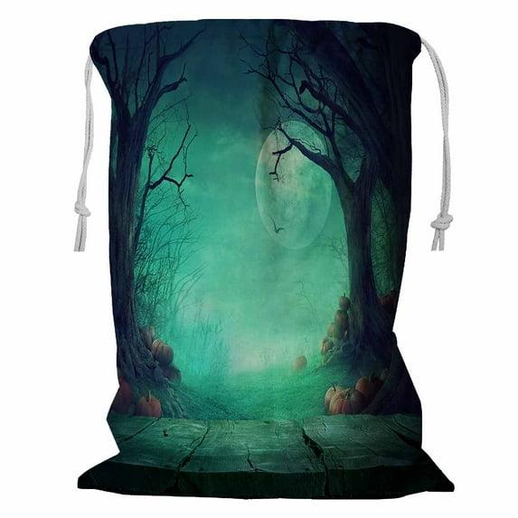 ABPHQTO Halloween Spooky Forest Trees Pumpkins Wooden Table Storage Basket Laundry Bag with Drawstring 18x24 Inch