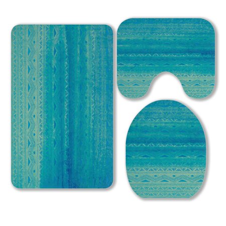 ABPHQTO Hand Drawn Blue Turquoise Tribal 3 Piece Bathroom Rugs Set Bath Rug Contour Mat and Toilet Lid Cover