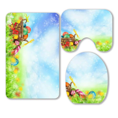 ABPHQTO Happy Easter Basket Eggs 3 Piece Bathroom Rugs Set Bath Rug Contour Mat and Toilet Lid Cover