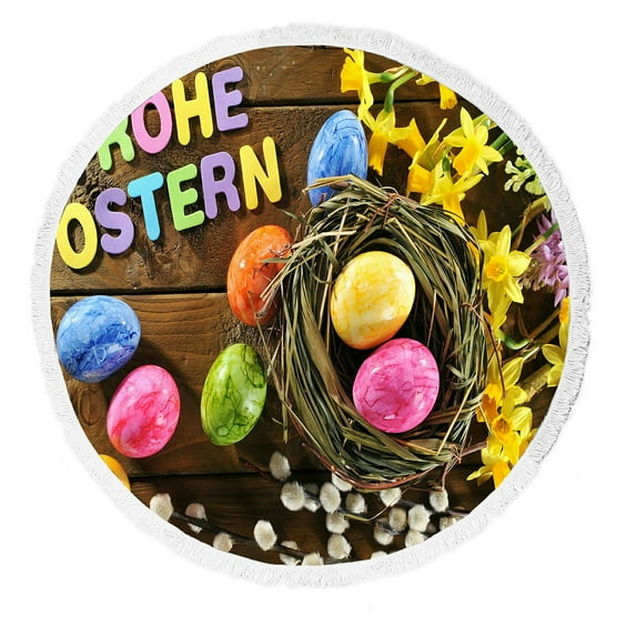 ABPHQTO Happy Easter Lettering Old Weathered Wooden Board Round Beach Blanket with Tassels Beach Throw Towel Yoga Mat Picnic Blanket