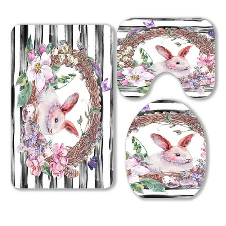 ABPHQTO Happy Easter Willow Bunny Apple Tree Eggs Feathers Butterflies 3 Piece Bathroom Rugs Set Bath Rug Contour Mat and Toilet Lid Cover