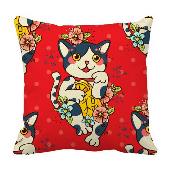 ABPHQTO Happy Japanese Cat Maneki Neko Flowered Mascot Tattoos Pillow Case Pillow Cover Pillow Protector Two Sides For Couch Bed 18x18 Inch
