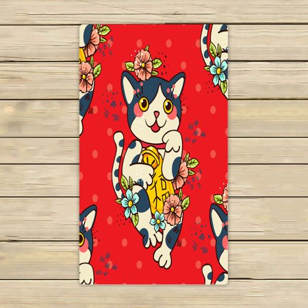 ABPHQTO Happy Japanese Cat Maneki Neko Flowered Mascot Tattoos Towels Beach Bath Pool Sprot Travel Hand Spa Towel 16x28 Inch