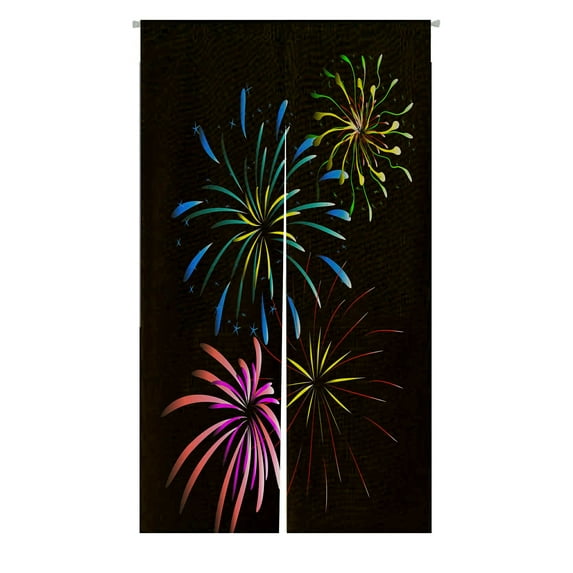 ABPHQTO Happy New Year Colored Neon Effect Fireworks Japanese Noren Curtain Doorway Door Window Treatment Curtains Cotton Linen Curtain 105x120 cm