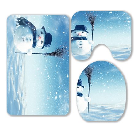 ABPHQTO Happy Snowman Standing Winter Christmas Landscape 3 Piece Bathroom Rugs Set Bath Rug Contour Mat and Toilet Lid Cover