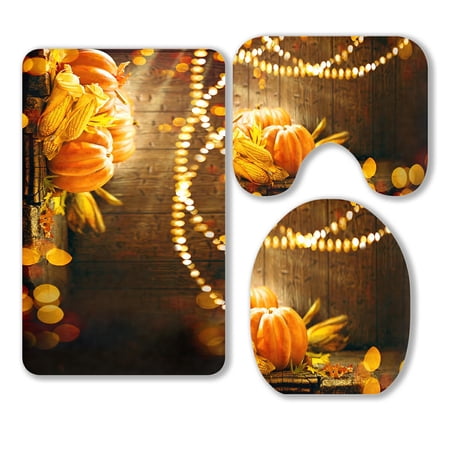 ABPHQTO Happy Thanksgiving Day Pumpkins Corncob Candles Autumn Leaves Garland 3 Piece Bathroom Rugs Set Bath Rug Contour Mat and Toilet Lid Cover