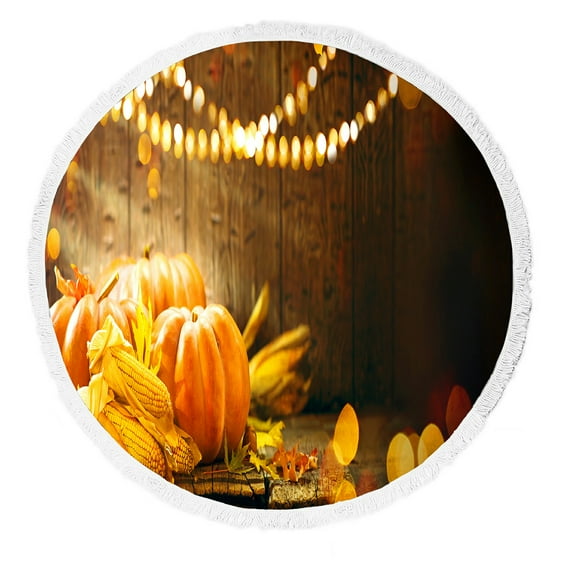 ABPHQTO Happy Thanksgiving Day Pumpkins Corncob Candles Autumn Leaves Garland Beach Towel Beach Blanket with Tassels Beach Throw Towel Yoga Mat Picnic Blanket